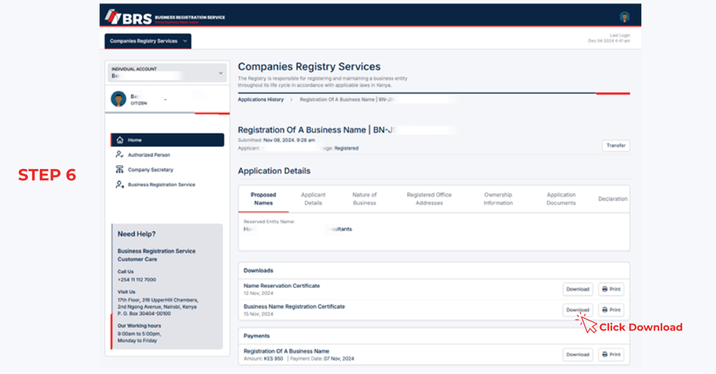 Step 6 of How to Download Company Documents on BRS eCitizen V2 in Kenya: Download and Print Your Documents