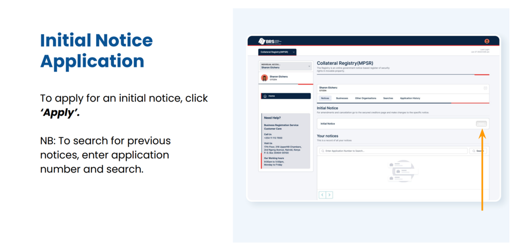 Step 5 of How to Use the MPSR Collateral Registry in Kenya: A Step-by-Step Guide: Select the Initial Notice Application