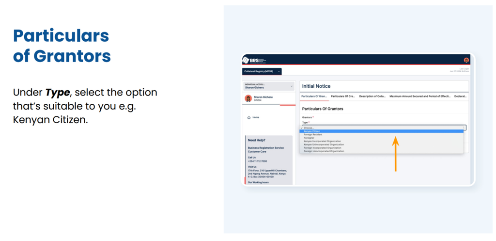 Step 6 of How to Use the MPSR Collateral Registry in Kenya: A Step-by-Step Guide: Enter the Grantor's Particulars