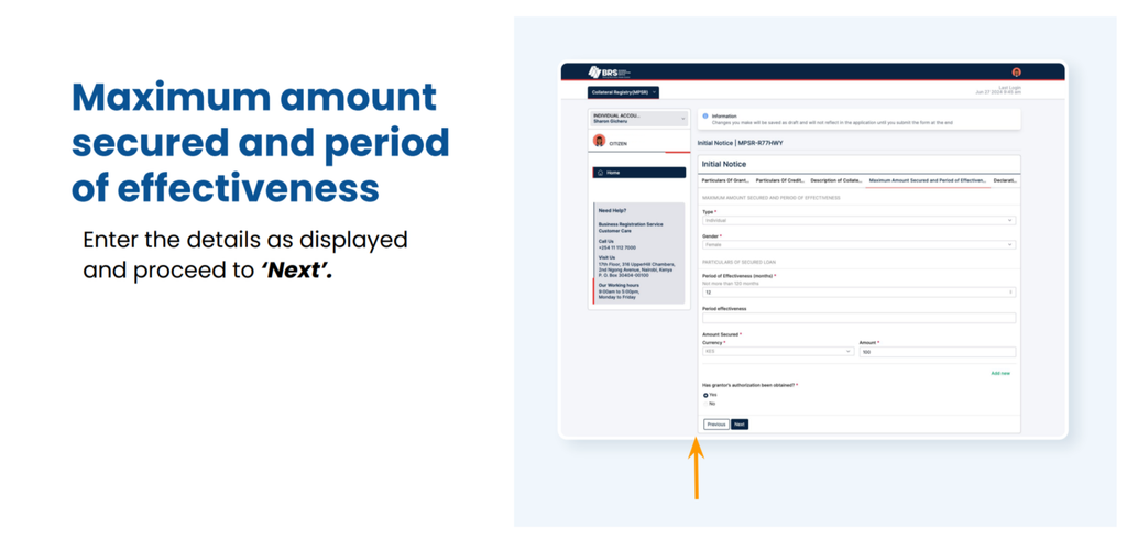 Step 9 of How to Use the MPSR Collateral Registry in Kenya: A Step-by-Step Guide: Enter the Maximum Secured Amount and Effectiveness Period
