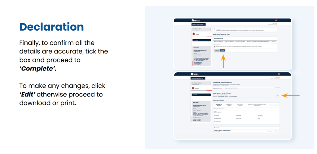 Step 10 of How to Use the MPSR Collateral Registry in Kenya: A Step-by-Step Guide: Review the Declaration