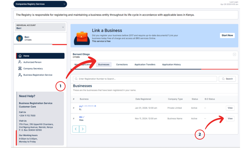 Step 3: Select Cessation of Business Name (How to Convert a Business Name to a Company in Kenya: Step-by-Step Guide)