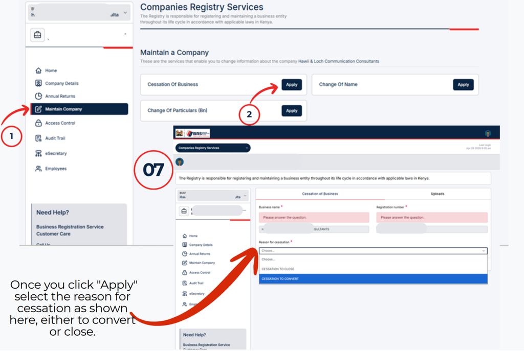 Step 4: Choose Conversion as the Reason for Cessation (How to Convert a Business Name to a Company in Kenya: Step-by-Step Guide)