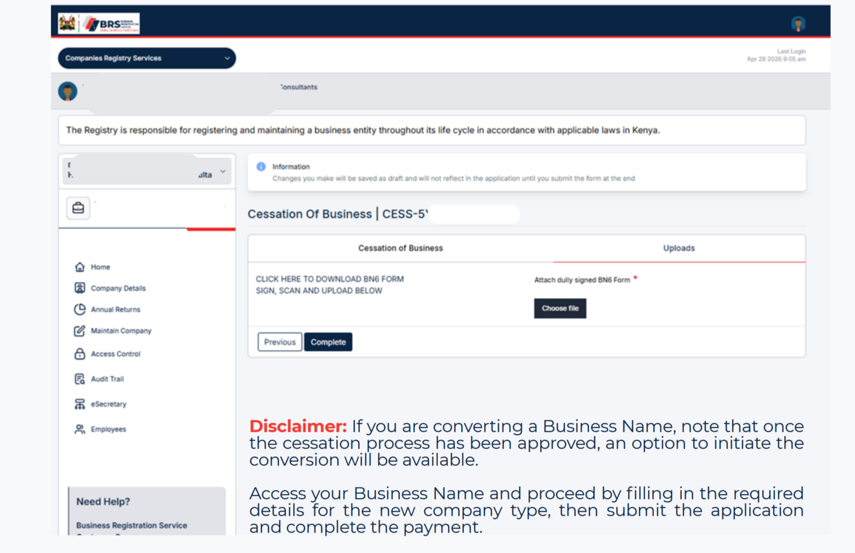 Step 6: Pay the Business Cessation Fee (How to Convert a Business Name to a Company in Kenya: Step-by-Step Guide)