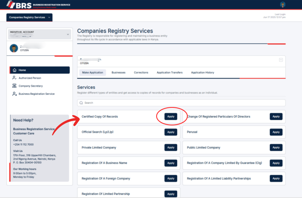 Under the available services, select Certified Copy of Records. (How to Submit, Download and Access a Certified Copy of Records on BRS eCitizen in Kenya: Step by Step Guide)