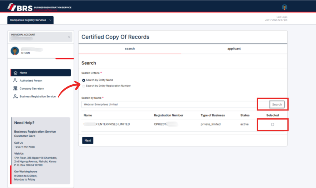 Step 4: Search for the Company (How to Submit, Download and Access a Certified Copy of Records on BRS eCitizen in Kenya: Step by Step Guide)