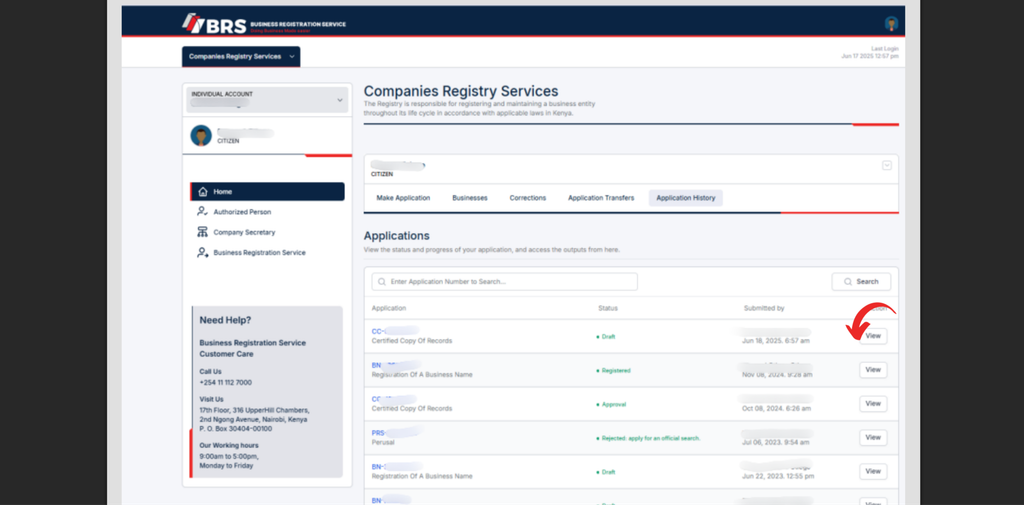 Step 8: Track the Application Status (How to Submit, Download and Access a Certified Copy of Records on BRS eCitizen in Kenya: Step by Step Guide)