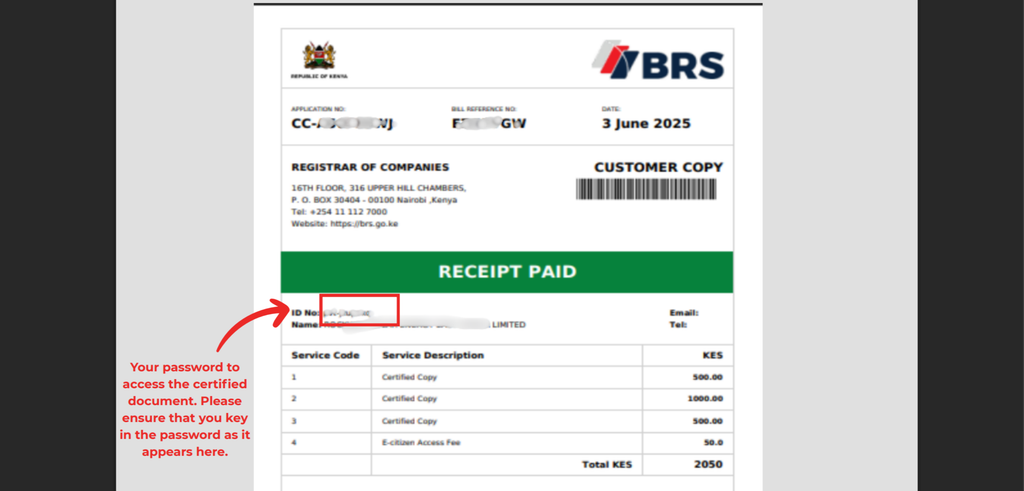 Step 3: Locate the Password on the Receipt (How to Submit, Download and Access a Certified Copy of Records on BRS eCitizen in Kenya: Step by Step Guide)