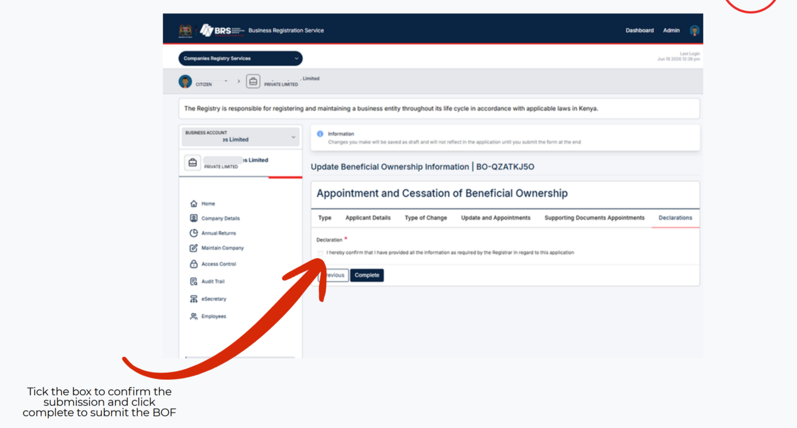 Step 11 of How to Update Beneficial Ownership Information in Kenya: Step-by-Step Guide: Confirm and Submit the Application