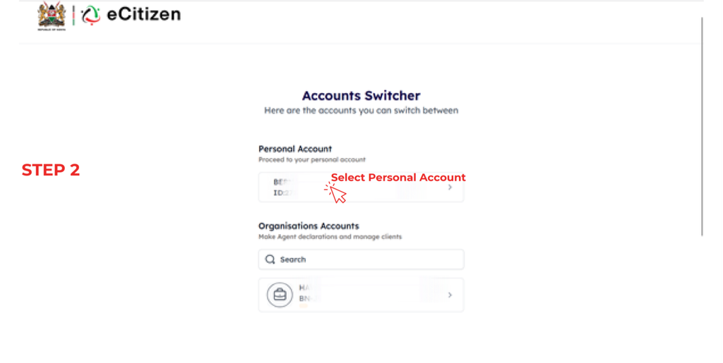 Step 2 of How to Download Company Documents on BRS eCitizen V2 in Kenya: Select Personal Account