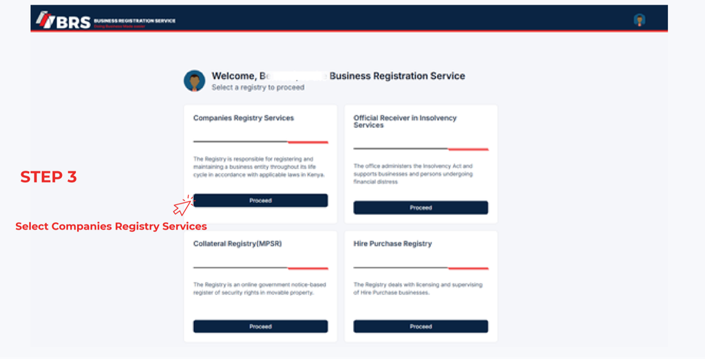 Step 3 of How to Download Company Documents on BRS eCitizen V2 in Kenya: Open Companies Registry Services