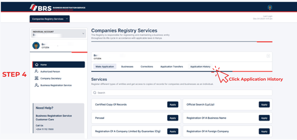 Step 4 of How to Download Company Documents on BRS eCitizen V2 in Kenya: Click Application History