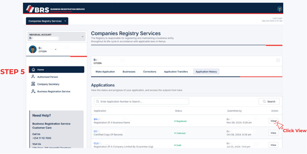 Step 5 of How to Download Company Documents on BRS eCitizen V2 in Kenya: Click View Beside the Relevant Application
